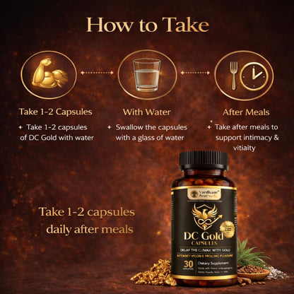 Vardham Ayurveda DC Gold Capsules | Ayurvedic Male Vitality & Fertility Support | Swarn Bhasma, Shilajit, Safed Musli & Kaunch Beej | Stamina, Strength & Sperm Health Support | 30 Capsules