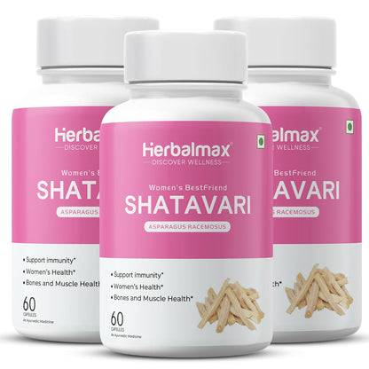 Herbalmax Shatavari 400 mg 60 Veg Capsules Pack of 3 – Ayurvedic Supplement for Women’s Health & Hormone Balance, Rich in Antioxidants, Boosts Immunity & Supports Bone & Muscle Strength