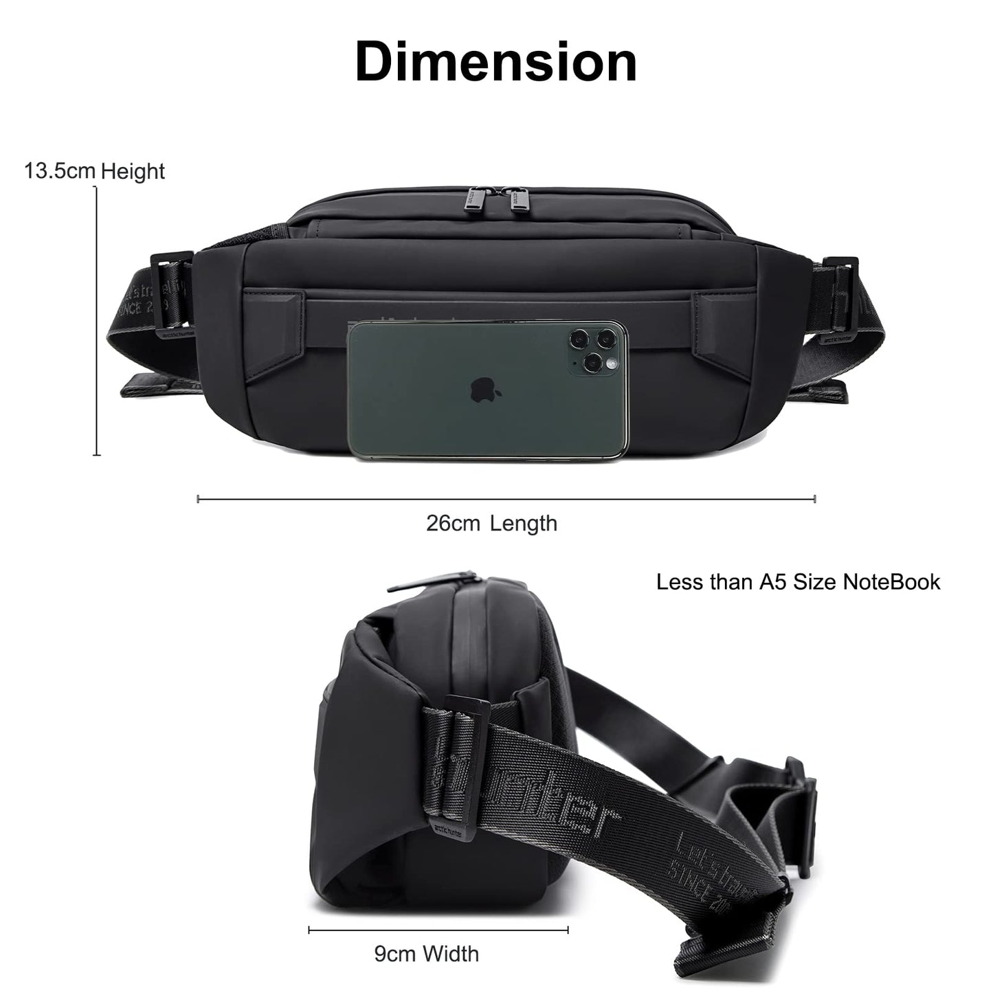 Arctic Hunter Large Fanny Pack for Men Heavy Chest Bag with Magnetic Buckle Big Waist Pouch Polyester Sling Bag for Men Crossbody Water-Resistant Passport Side Bag for Travel Business Office,Black