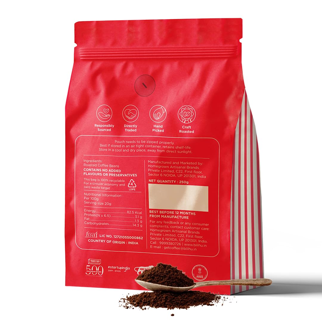 Bili Hu Coffee, Mokapot Grind Arabica Coffee Aghora Estate, Medium Roast, (Pack of 1, 250 Gram)