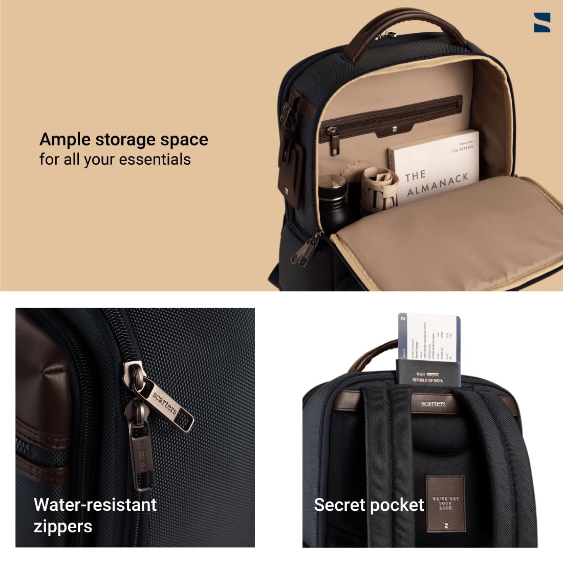 scarters Terminal 16" Laptop Bag 24L, Water Resistant (Navy Blue & Brown)