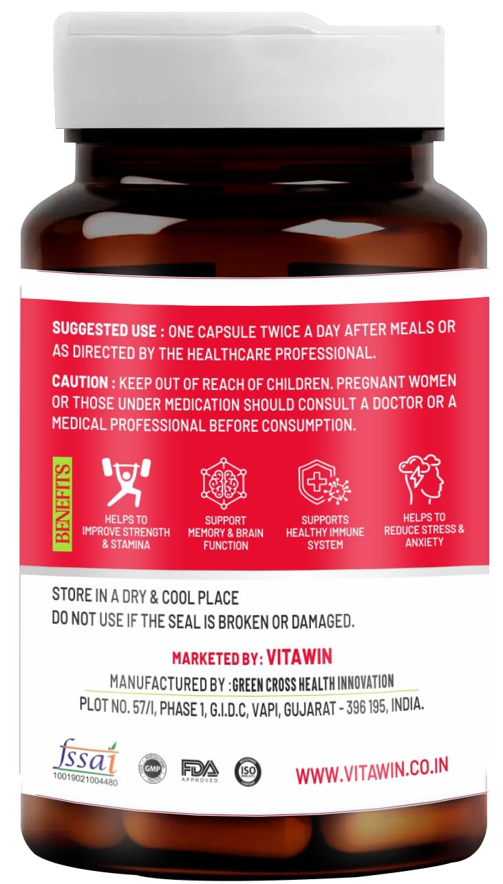 VitaWin Ginseng Capsules 500mg | Herbal Supplement for Daily Vitality, Active Lifestyle & Wellness Support | 60 Vegetarian Capsules
