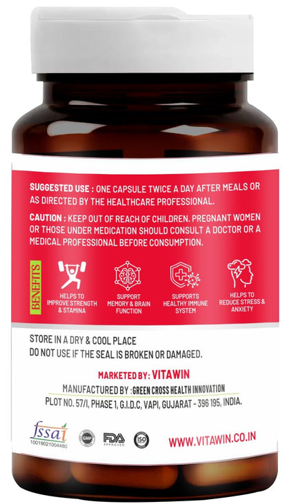 VitaWin Ginseng Capsules 500mg | Herbal Supplement for Daily Vitality, Active Lifestyle & Wellness Support | 60 Vegetarian Capsules
