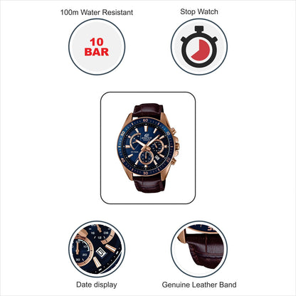 Casio EDifice EFR-552GL-2AVUDF Blue Analog Dial Brown Leather Band Men's Watch Chronograph 100M Water Resistant EX358