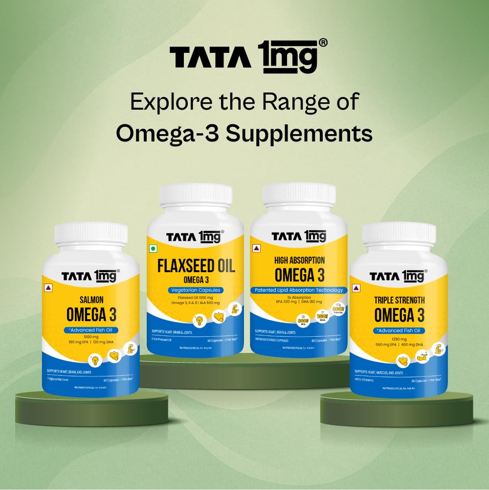 Tata 1mg Vegetarian Omega |1000 mg Algal Oil with 400mg DHA | Plant-Based Omega-3 | Supports Heart, Brain & Joint Health | 60 Veg Capsules