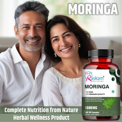 Raskam Moringa Capsules Organic (100 Capsules) 1000mg Green Superfood Moringa Oleifera Leaf Powder Capsules - Immunity & Metabolism Booster Nutritional Rich Supplement