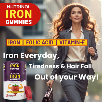 Knoll Healthcare Nutrinol Iron Gummies With Folic Acid & Vitamin E | Strawberry Flavour | No Sugar Added | 30 Gummies | Supports Hemoglobin, Energy & Immunity