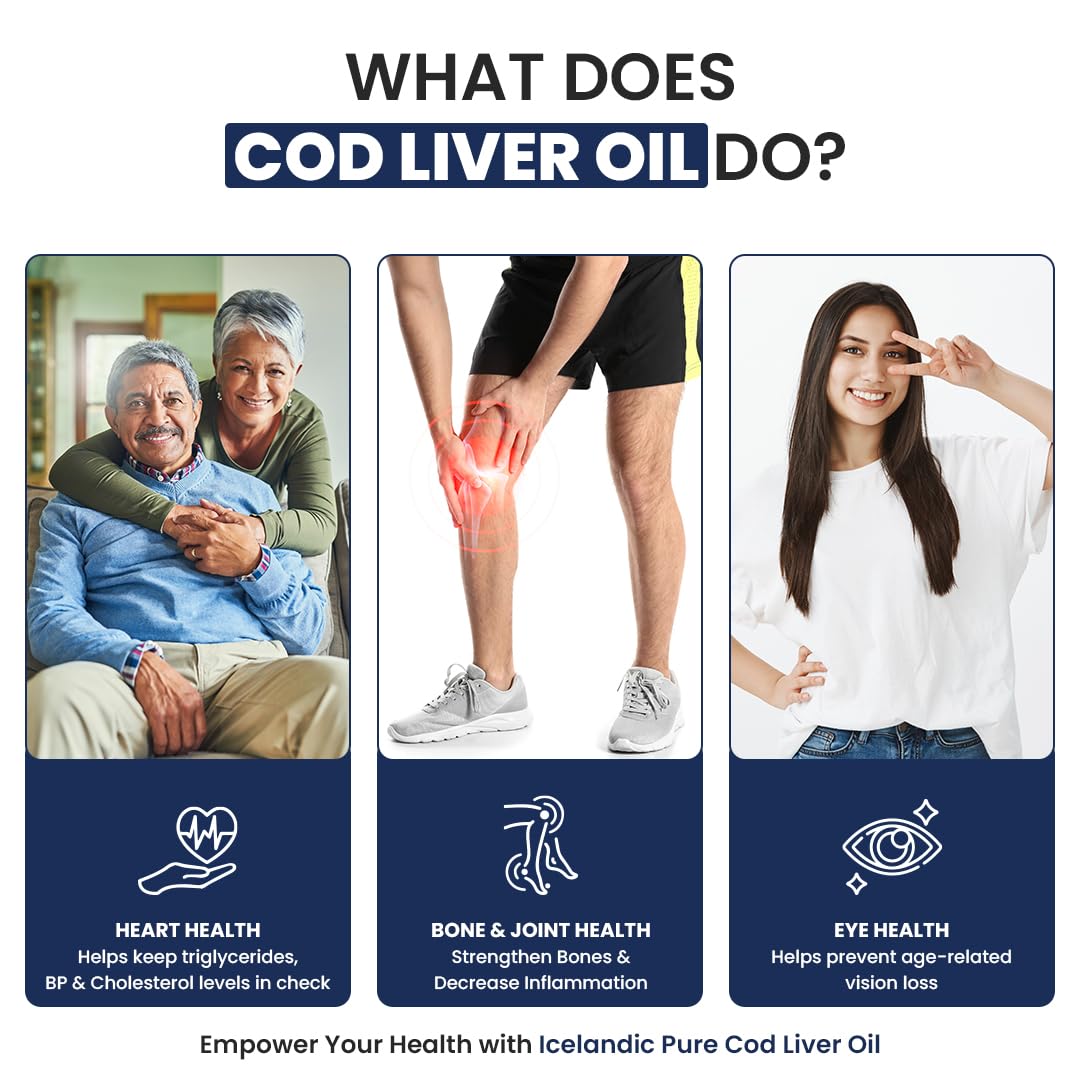 Naturyz Imported Icelandic COD Liver Oil Capsules with Natural Omega 3 (EPA & DHA), Rich in Vitamin D & A, Mercury Free, Immunity, Skin, Eye, Muscle & Joint Health Softgels, 100 Count, Pack of 1
