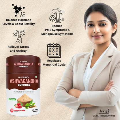 Knoll Healthcare Nutrinol Ashwagandha Gummies for Men & Women | 250mg Withania Somnifera + Vitamin E | Stress Relief, Energy, Brain Support | No Added Sugar | Strawberry Flavour | 30 Gummies