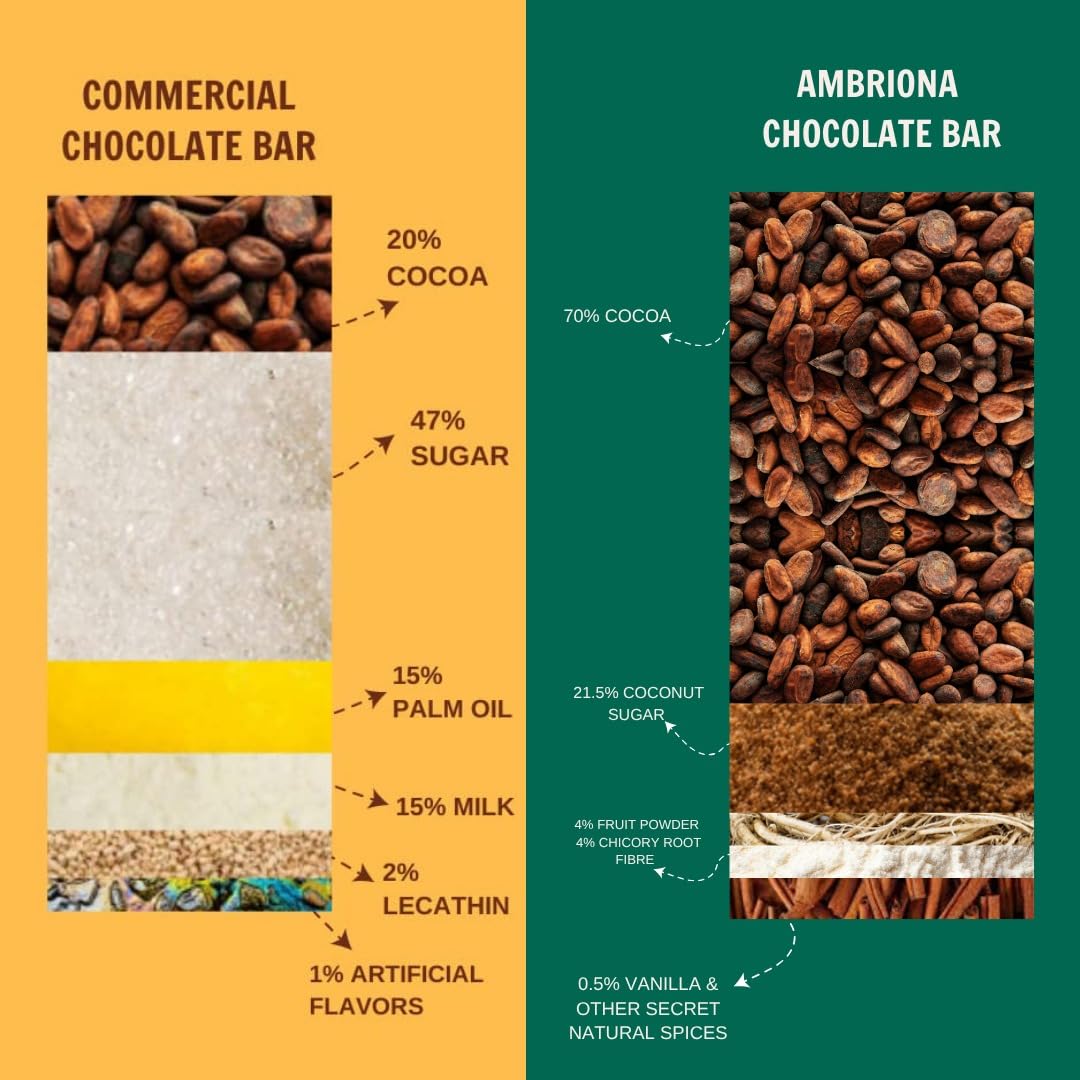 Ambriona 70% Dark Chocolate with Cranberries | Vegan & Gluten Free Dark Chocolate Bar | Sweetened with Coconut Sugar | Low GI | Added Fibre | Gut Friendly | 50 g