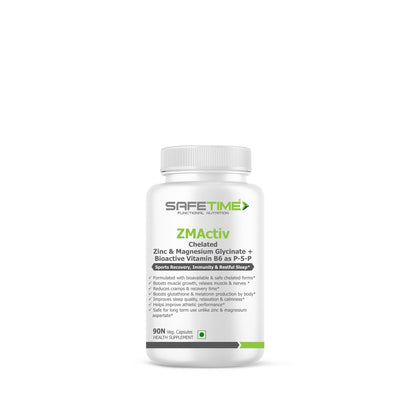 SAFETIME ZMActiv ZINC & MAGNESIUM GLYCINATE with ACTIVE VITAMIN B6 P5P Sports Recovery, Restful Sleep, Immunity, Glutathione Booster, Bioavailable, Safe (90 Veg Capsules)