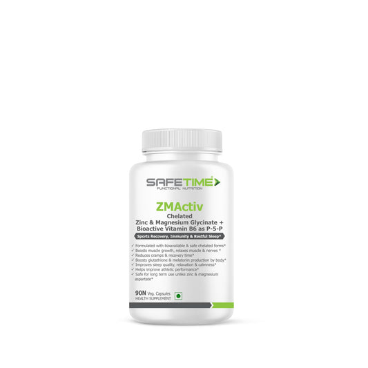 SAFETIME ZMActiv ZINC & MAGNESIUM GLYCINATE with ACTIVE VITAMIN B6 P5P Sports Recovery, Restful Sleep, Immunity, Glutathione Booster, Bioavailable, Safe (90 Veg Capsules)