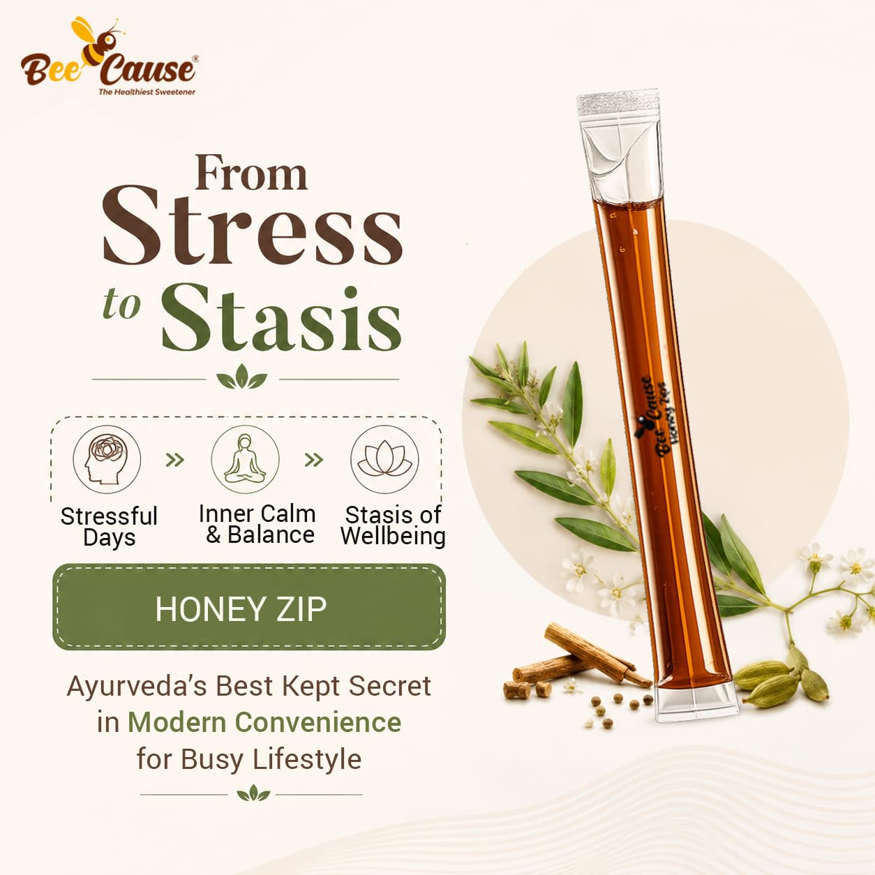 BeeCause Ashwagandha Infused Honey Zips (30 Zips) | Ayurvedic Stress Relief Honey | Ashwagandha Honey Sticks for Relaxation, Focus, Energy, Stamina & Immunity | Travel Friendly | 240g