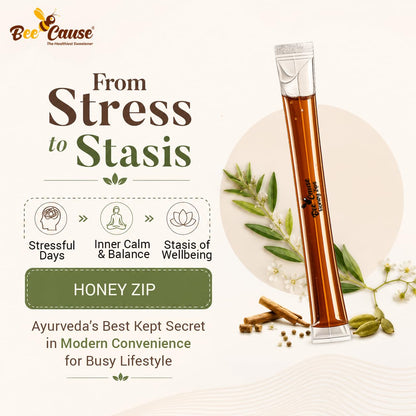 BeeCause Ashwagandha Infused Honey Zips (30 Zips) | Ayurvedic Stress Relief Honey | Ashwagandha Honey Sticks for Relaxation, Focus, Energy, Stamina & Immunity | Travel Friendly | 240g