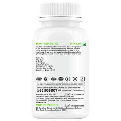 Propeptides Resveratrol Supplements Trans 500 mg With Grape Seed Extract, Quercetin Powder, Pomegranate, Improves Metabolism And Heart Health Care Supplement- 60 Tablets (No Capsules Pack1)