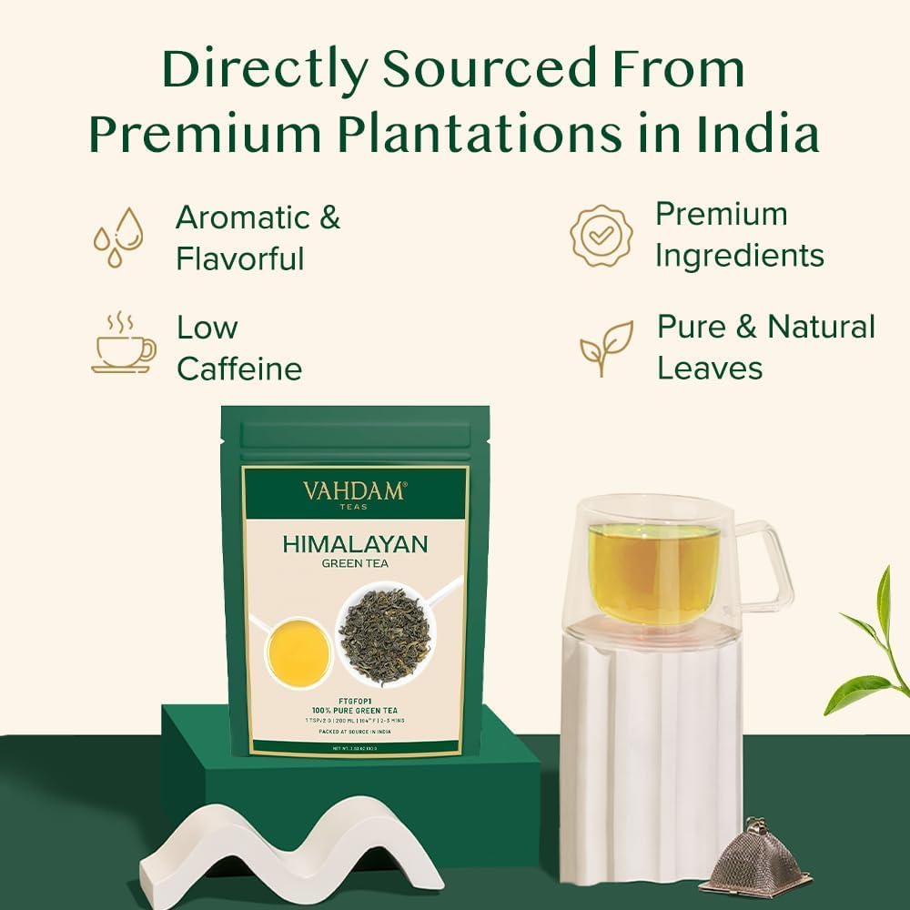 VAHDAM, Himalayan Green Tea Leaves - 100g | Non GMO, Gluten Free |Natural, High Elevation Grown Tea Leaves From Himalayas | Pure Green Tea | Vacuum Sealed for Freshness