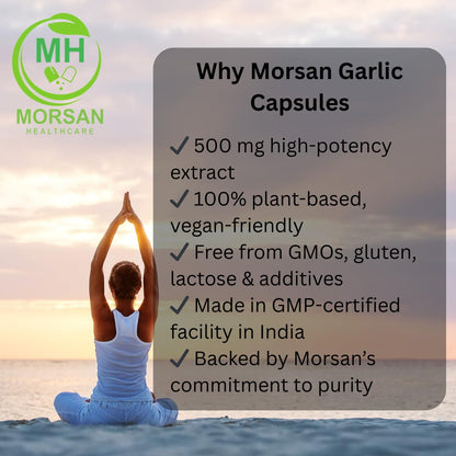 MORSAN HEALTHCARE Garlic Capsules 500mg – 60 Count | 2 Pack | Vegetarian | Organic | Gluten Free | Plant-Based | Herbal Supplement | No Artificial Additives