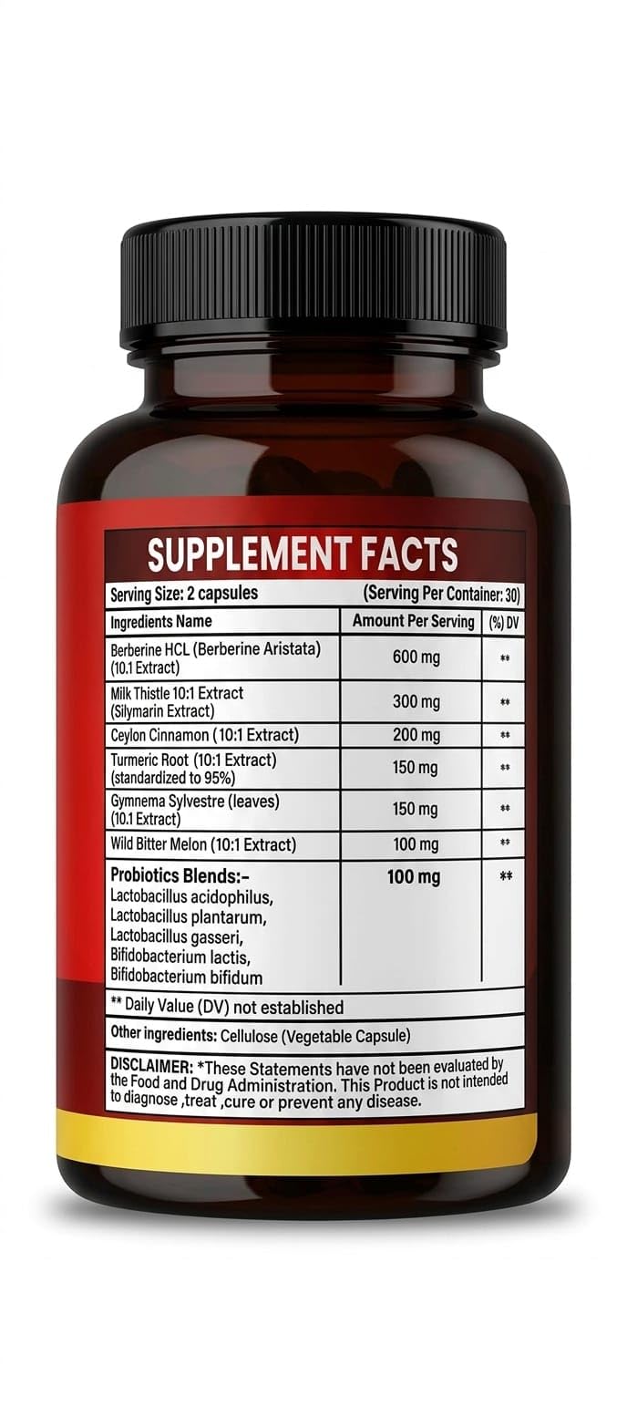 Berberine Supplement for PCOS and Insulin Resistance with Milk Thistle, Ceylon Cinnamon, Turmeric & Gymnema | Supports Metabolic Wellness | 60 Capsules