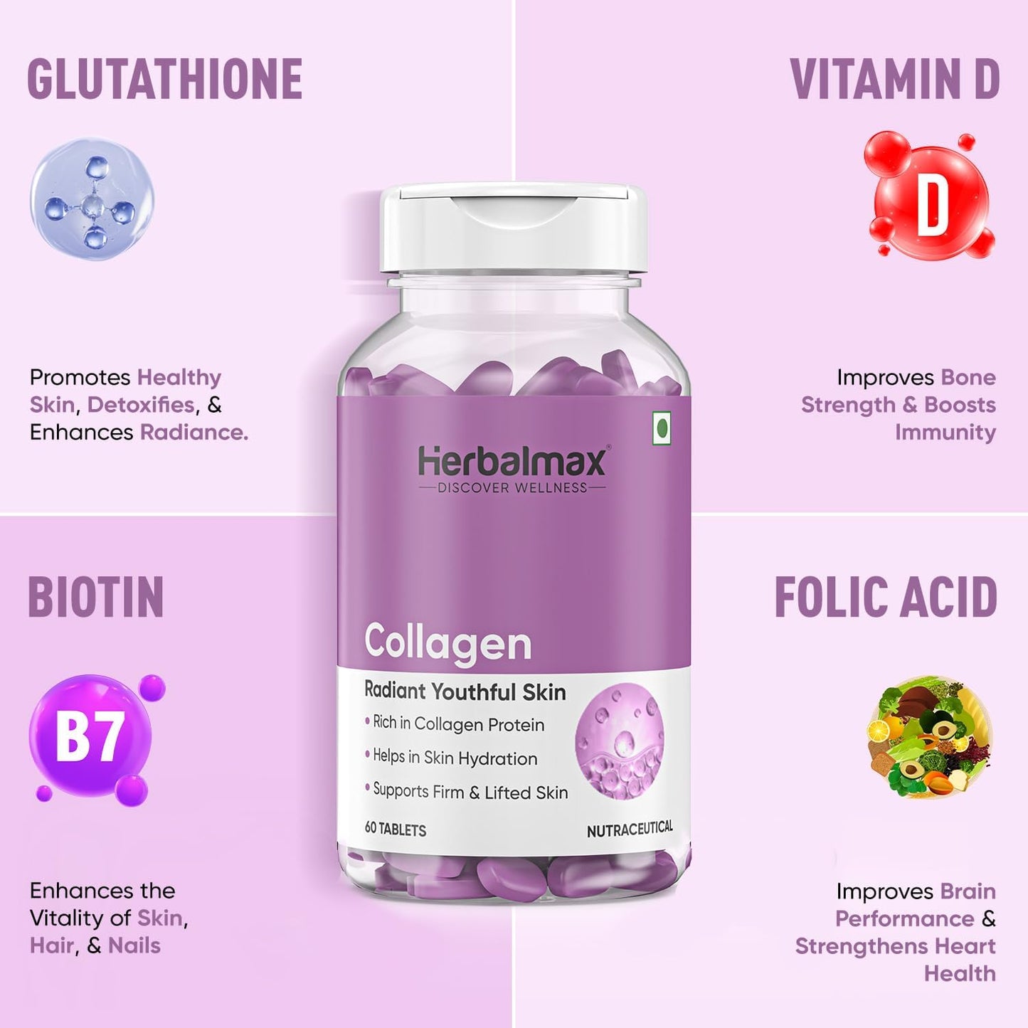 Herbalmax Veg Collagen Supplement Tablets – 60N | 800mg Type 1, 2 & 3 Collagen | For Youthful Skin, Hair, Nails, Joints & Bone Support | Enriched with Biotin & L-Glutathione