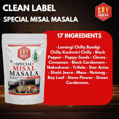 SRV Spices Special Misal Masala | Strong & Aromatic Blend | Rich Color & Spicy Flavor | Iron Pounded with LTG (Low Temperature Grinding) | Authentic Mix Masala for Misal | 250g Pack