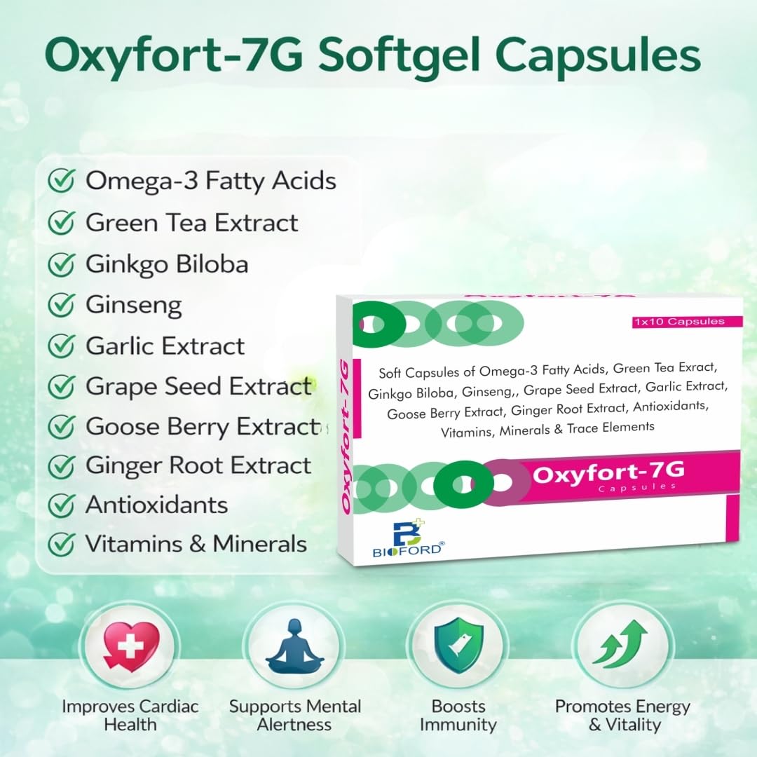 Bioford Oxyfort 7G Multivitamins & Omega-3 Fatty Acids,Green Tea Extract. Ginkgo Biloba, Garlic Extract, Ginger Root Extract, Antioxidants, Energy+Brain Sharpner (30 Capsules)