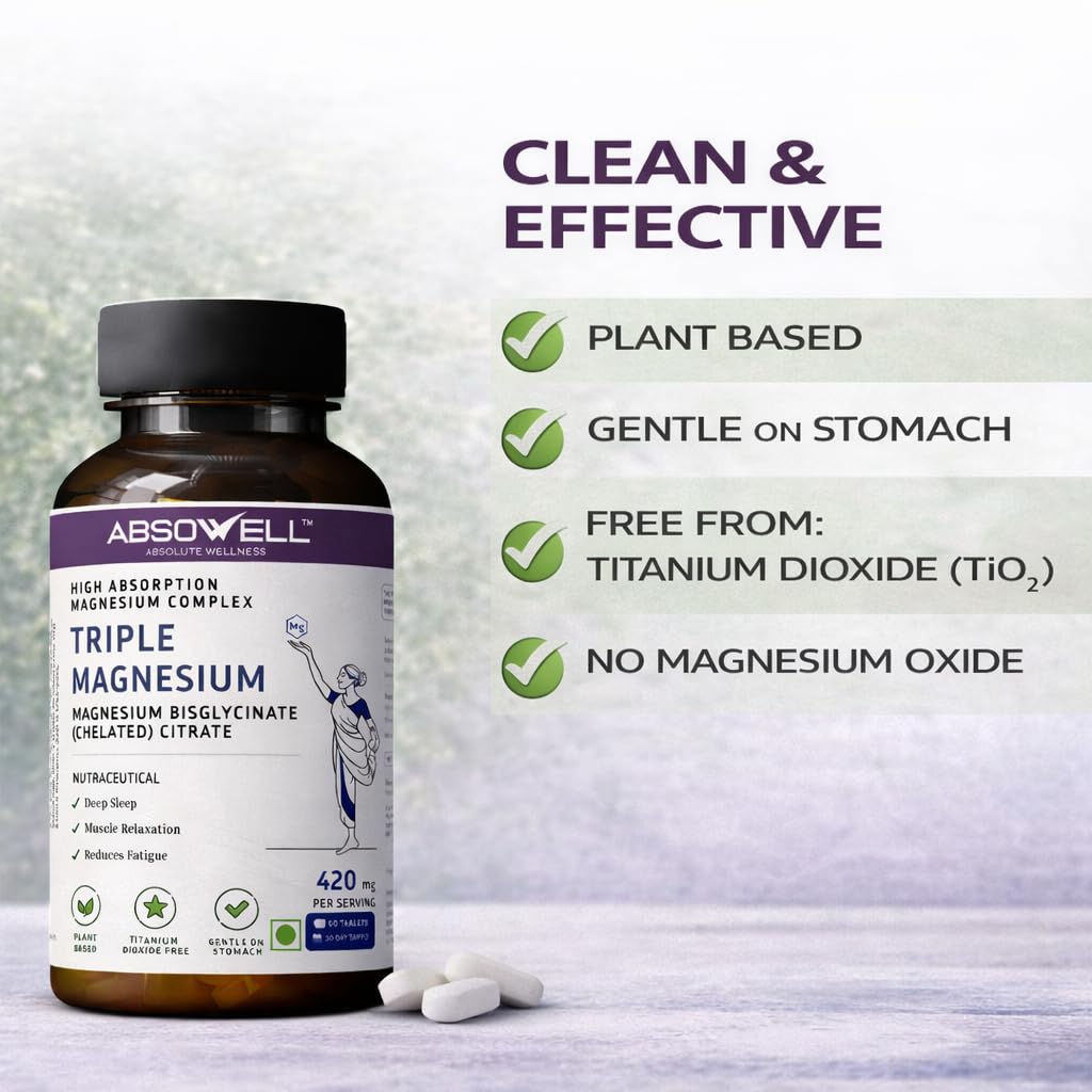 Absowell Magnesium Supplement Triple Complex - Glycinate, Malate & Citrate - High Absorption Capsules for Sleep, Muscle Support & Energy - Gentle on Stomach - 420 mg - Plant-Based - 90 Capsules