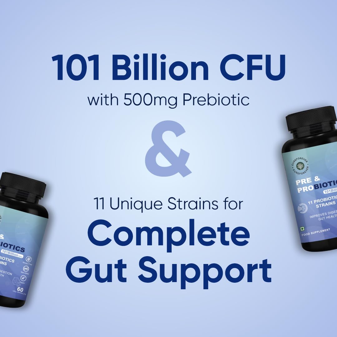 CUREFOREVER Probiotics 101 Billion CFU with Prebiotics – Daily Gut & Digestive Health Supplement for Women & Men | Supports Bloating, Gas, Constipation, Immunity & Flora Balance – 60 Vegan Capsules (500mg Prebiotic Blend)