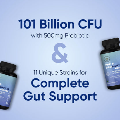CUREFOREVER Probiotics 101 Billion CFU with Prebiotics – Daily Gut & Digestive Health Supplement for Women & Men | Supports Bloating, Gas, Constipation, Immunity & Flora Balance – 60 Vegan Capsules (500mg Prebiotic Blend)