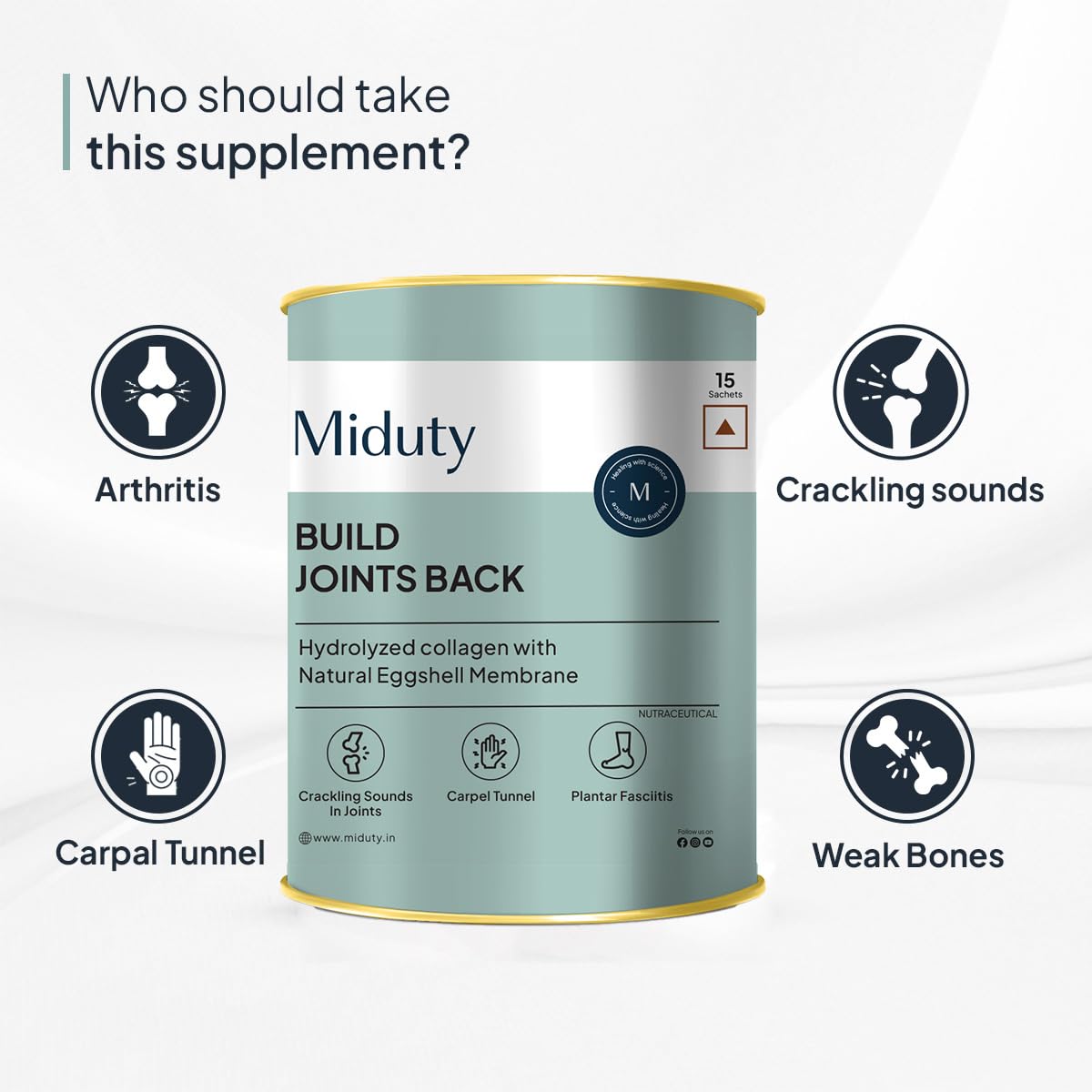 Miduty By Palak Notes Build Joints Back For Rheumatoid Arthritis Supplement - Collagen Peptides Natural Egg Membrane, Boswellia and Glucosamine - Joint Pain Relief Supplement - 15 Sachets