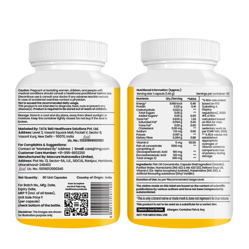Tata 1mg Salmon Omega 3 Fish Oil Supplements 1000mg - 90 Capsules |Tryglycride form | 180mg EPA & 120mg DHA | High Absorption for Heart,Brain & Joints | Helps Manage Cholesterol