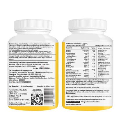 Tata 1mg Salmon Omega 3 Fish Oil Supplements 1000mg - 90 Capsules |Tryglycride form | 180mg EPA & 120mg DHA | High Absorption for Heart,Brain & Joints | Helps Manage Cholesterol