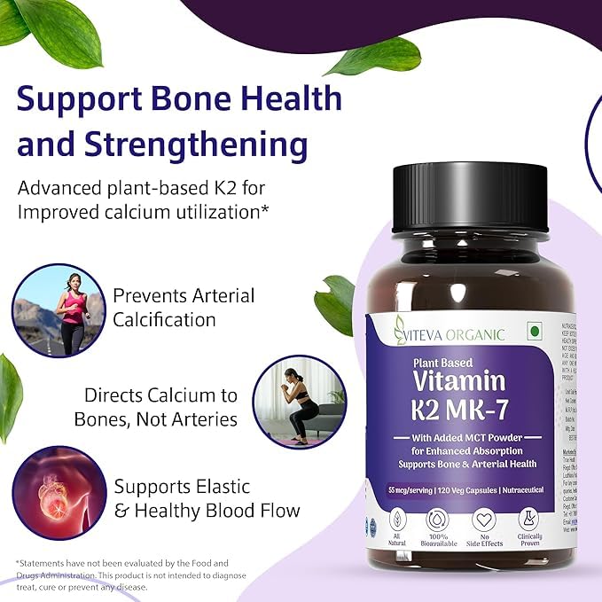 Viteva Organic Vitamin K2 MK7 100 Percent Vegetarian Capsules With MCT Powder For Bone Strength Vitamin K2 Support Calcium Absorption Multi Vitamin Supplement For Men And Women (120 Count)