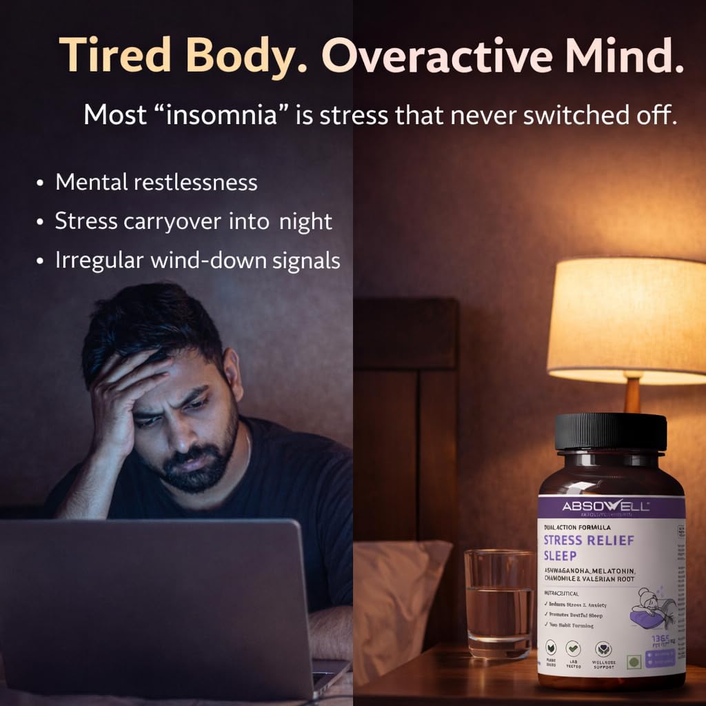 Absowell Stress & Sleep Relief | 60 Veg Capsules | Ashwagandha 300mg, L-Theanine 200mg, Valerian, Chamomile & Melatonin 3mg | Natural Non-Habit Forming Sleep Aid & Stress Relief Supplement