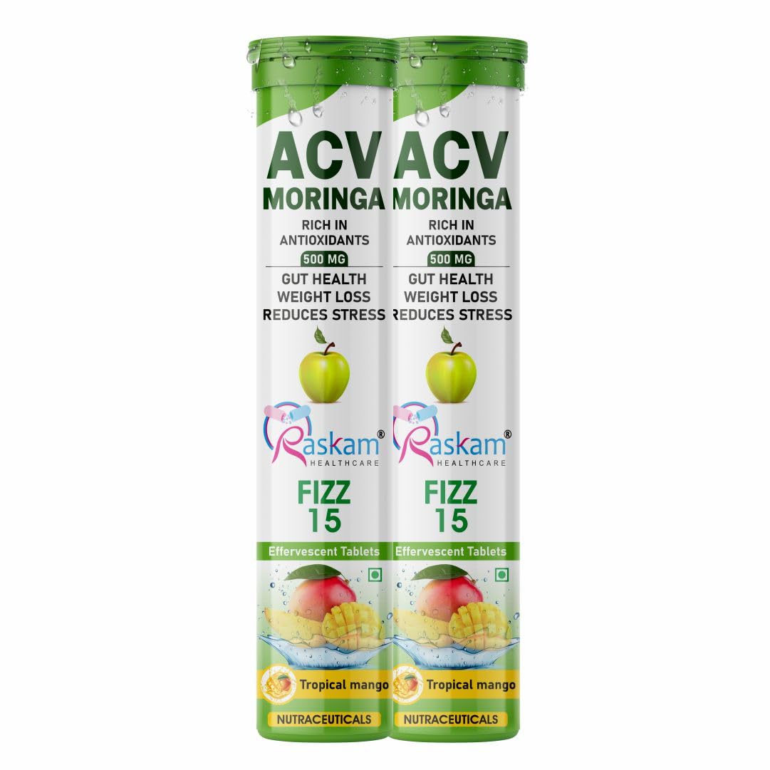 Raskam ACV Moringa Effervescent Tablets 500mg – Tropical Mango, Antioxidant Immunity Booster, Appetite & Energy Support, Sugar Free – 15 Fizz Tabs (Pack of 2)