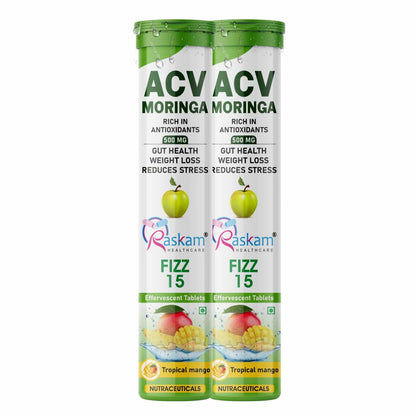 Raskam ACV Moringa Effervescent Tablets 500mg – Tropical Mango, Antioxidant Immunity Booster, Appetite & Energy Support, Sugar Free – 15 Fizz Tabs (Pack of 2)