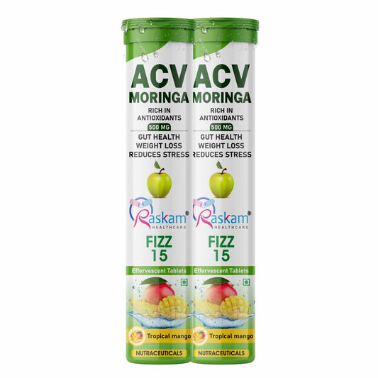 Raskam ACV Moringa Effervescent Tablets 500mg – Tropical Mango, Antioxidant Immunity Booster, Appetite & Energy Support, Sugar Free – 15 Fizz Tabs (Pack of 2)