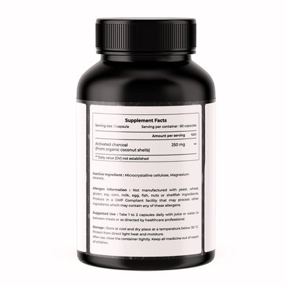 VREEX Activated Charcoal 250 mg – Supports Natural Detox, Helps Reduce Gas & Bloating and Digestive Cleanse (60 Veg Capsules)