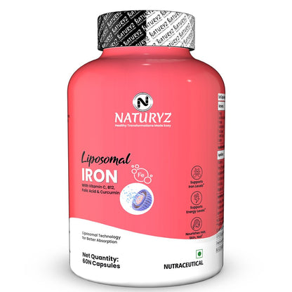 NATURYZ Liposomal Iron Capsules with Folic Acid, Vitamin B12, Vitamin C & Curcuma Longa | Liposomal Technology High Absorption Iron Supplement for Men & Women | Supports Hemoglobin, Energy & Immunity | Gentle on Stomach | 30 Veg Capsules