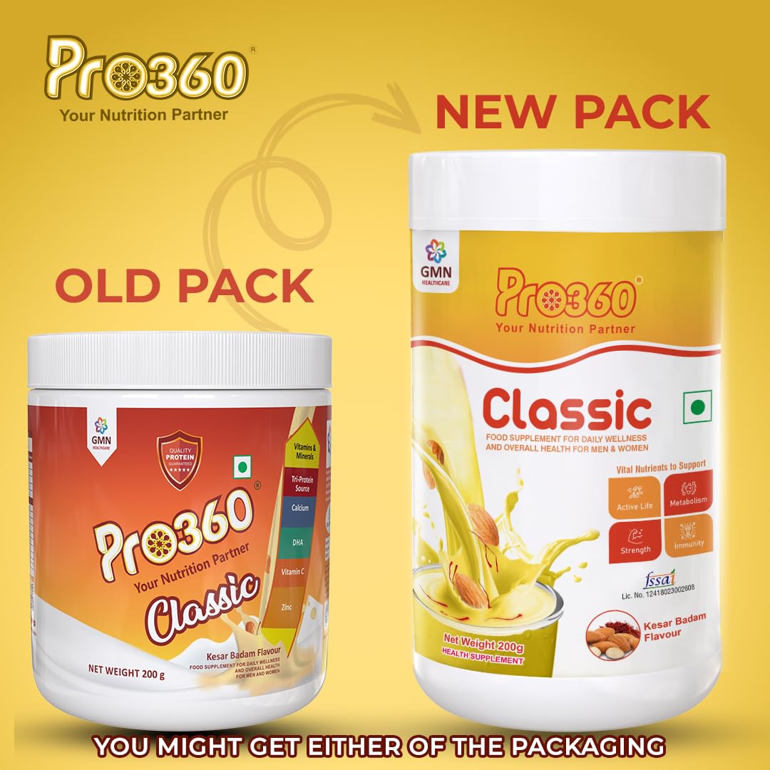 Pro360 Classic Daily Wellness Health Supplement Family Nutrition Protein Powder for Men and Women (200g, Kesar Badam)