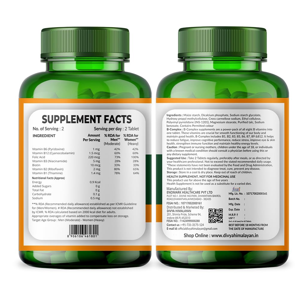 Divya Himalayan Plant-Based B-Complex Support Supplement, 60 Tablets, Supports Energy, Mood & Metabolism, Herbal Blend with B Vitamins