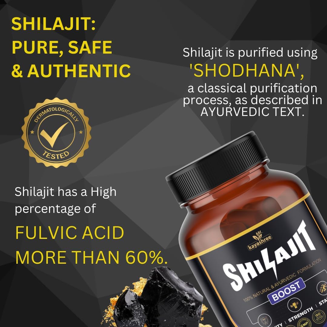 Kayashree Shilajit | 100% Pure Shilajit I 60 Capsules | Enhances Stamina, Energy, and Power | Supports Healthy Testosterone Levels