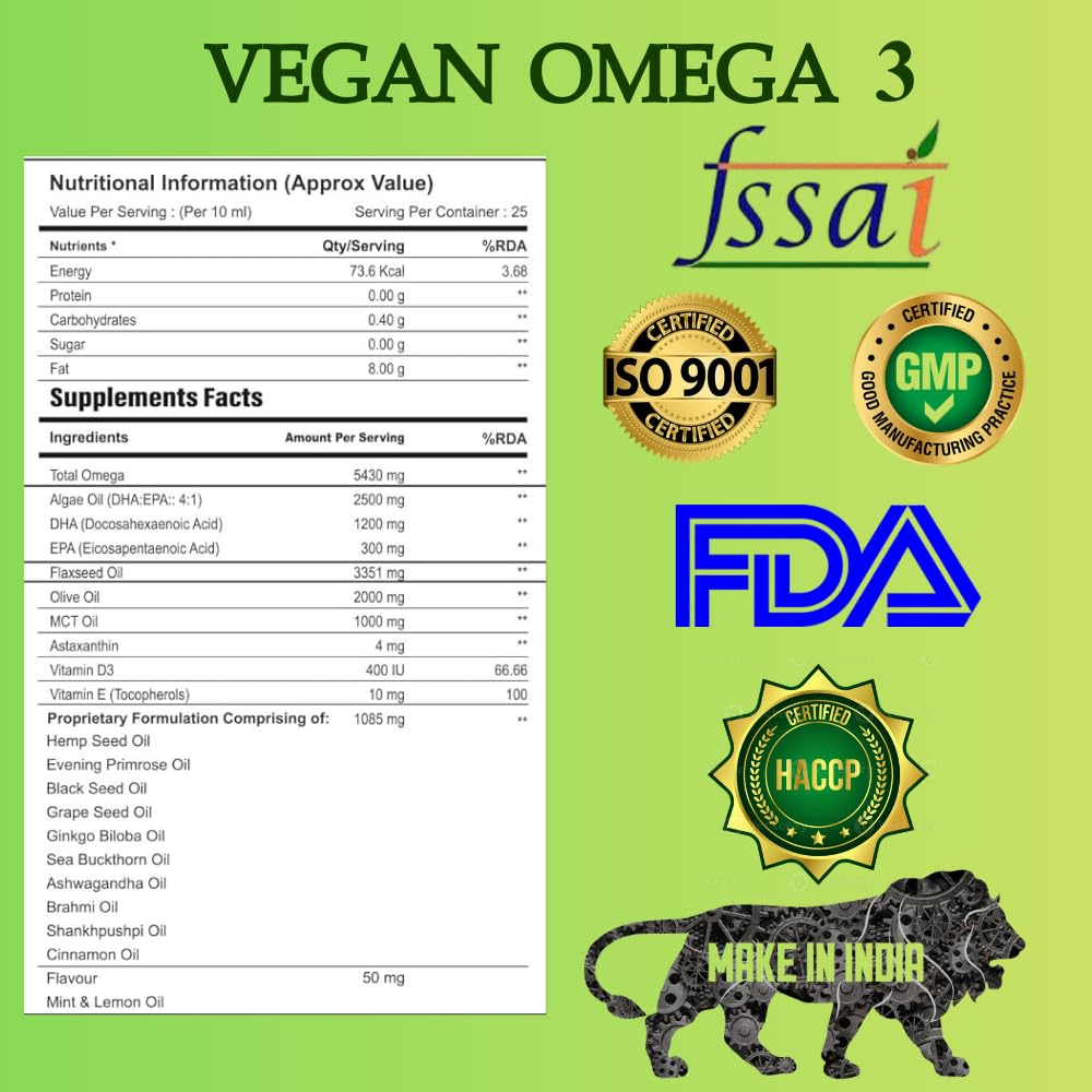 Vegan Omega 3 Oil – Algae Oil Omega with EPA DHA & Astaxanthin | Supplement for Heart, Brain, Eyes, Skin & Joints | High EPA DHA