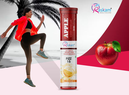 Raskam ACV Apple Cider Vinegar Effervescent Fizz 15 Tablets - For Weight Loss | Refreshing Detox & Metabolism Boost, No added Sugar (Pack of 1), Orange Flavour