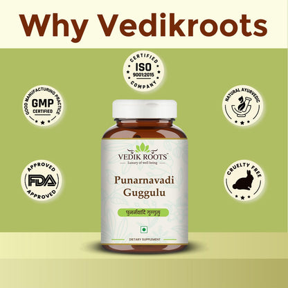 Vedikroots Punarnavadi Guggulu - Natural Diuretic | Promotes Healthy Liver & Kidney Functions | Ayurvedic Supplement For Swelling 60 Tab (Pack-2))
