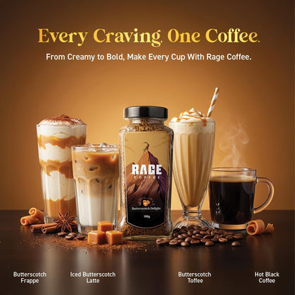 Rage Coffee Butterscotch Delight Flavour - Premium Arabica Instant Coffee (Make Delicious Hot/Cold Coffee) | (Butterscotch Delight, 100g)