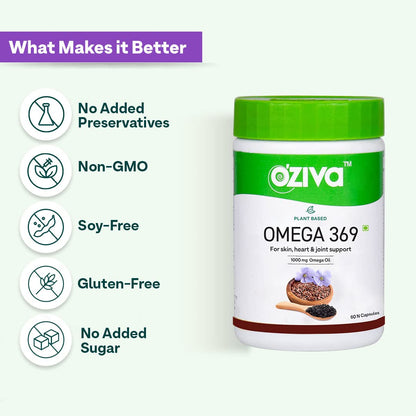 OZiva Plant Based Omega 3 6 9 Multivitamin Supplement for Men & Women (1000 mg Vegan Omega Oil Concentrate with Flaxseed & Blackseed Oil) Fatty Acids (Omega 3 6 9, 60 Capsules)