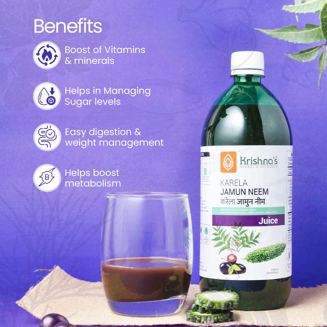 Krishna's Karela Jamun Neem Juice - 1000 ml | Blend Of Fresh Karela, Neem Juice & Jamun Seeds Ayurvedic Solution For Balancing Sugar Levels - (Pack of 2)