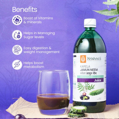 Krishna's Karela Jamun Neem Juice - 1000 ml | Blend Of Fresh Karela, Neem Juice & Jamun Seeds Ayurvedic Solution For Balancing Sugar Levels - (Pack of 2)