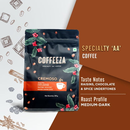COFFEEZA Ground Coffee - Medium Grind - Cremoso - 250G - Dark Roast 100% Arabica Ground Coffee Powder Packet