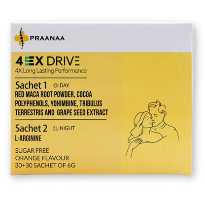 Praanaa Health Care 4EX Drive | Doctor-Formulated Supplement for Strength Stamina Performance and Vitality | Day and Night Formula with 6 Potent Extracts (60 Sachets,Pack of 1)